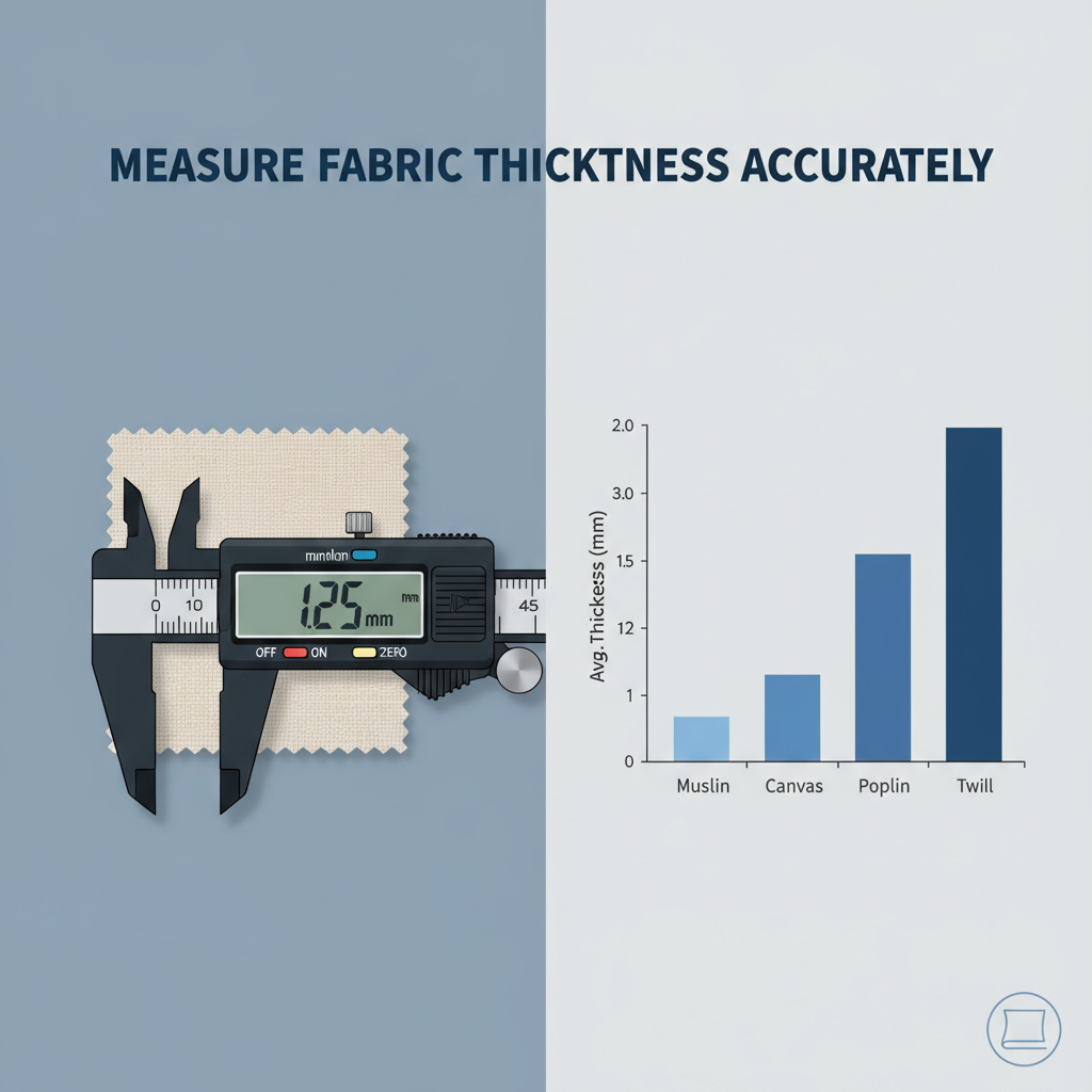 Illustration of a digital caliper measuring fabric thickness with a bar chart