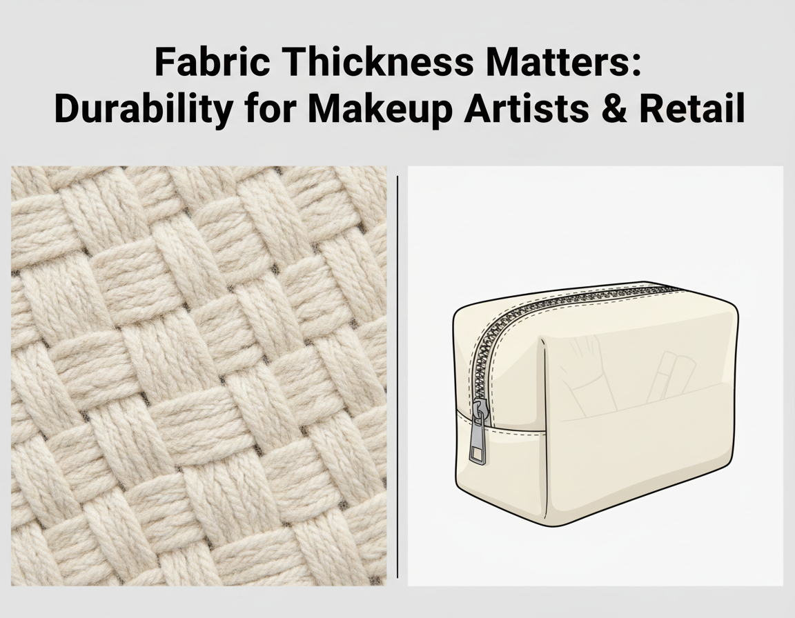 Heavy woven cotton texture next to a technical illustration of a durable makeup bag
